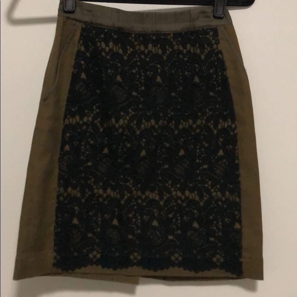 Olive green pencil skirt w black lace detail